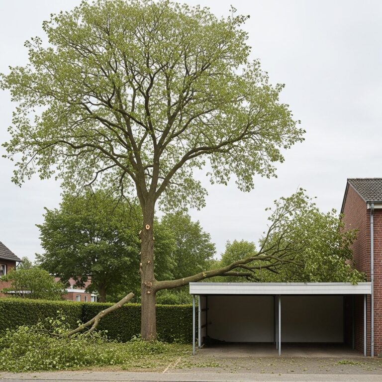 &Auml;ste eines Laubbaums reichen &uuml;ber das Dach eines Carports