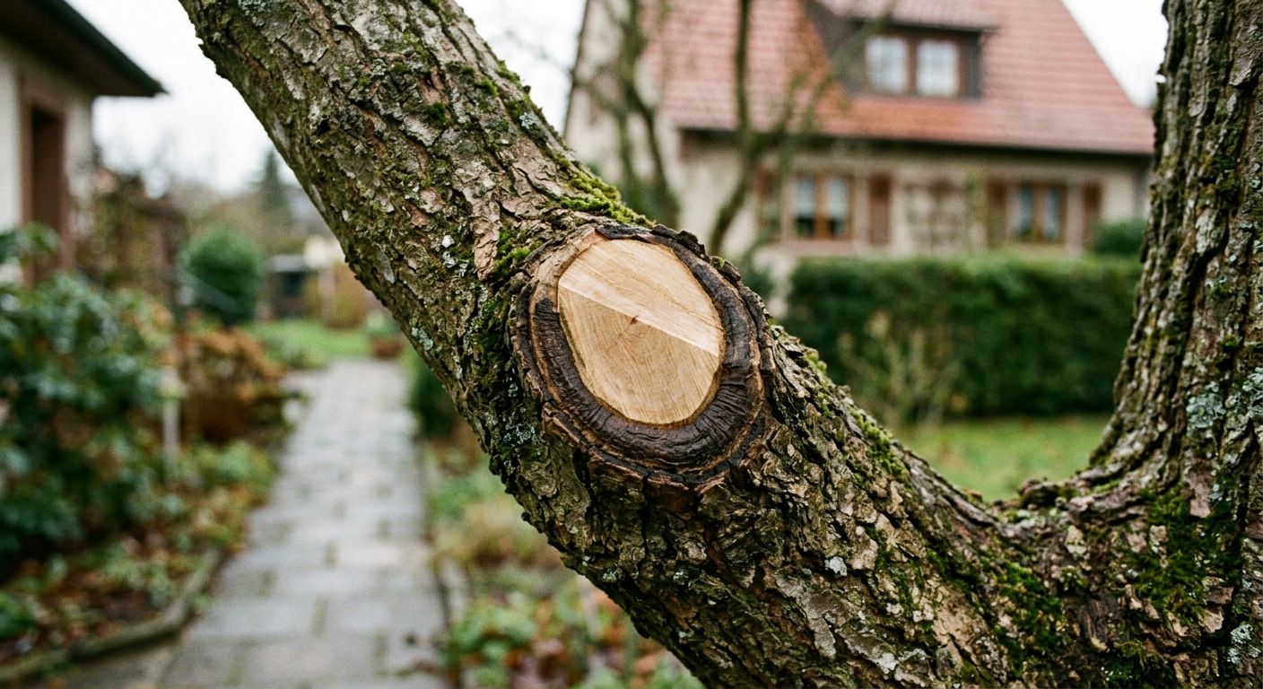 Nahaufnahme einer Schnittstelle am Astring eines Laubbaums mit umlaufendem Kallusring
