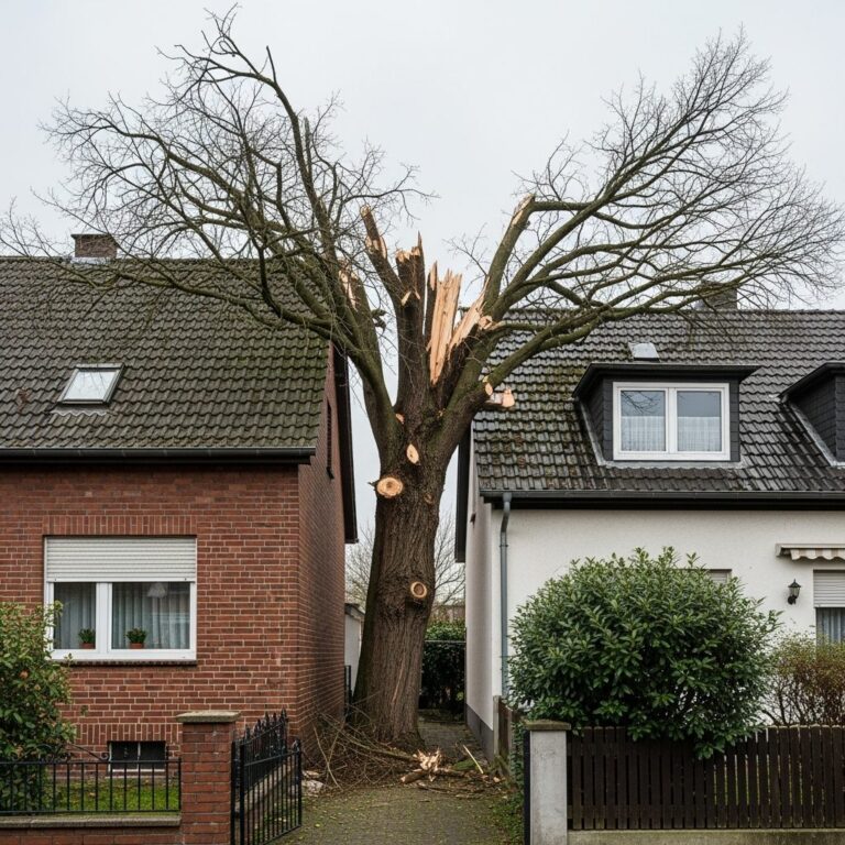 Großer Baum in einer schmalen Lücke zwischen zwei Wohnhäusern