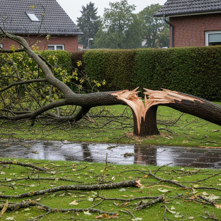 Abgebrochener Stamm und Bruchholz auf einer nassen Rasenfl&auml;che